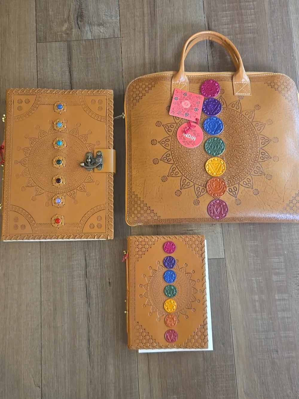 Rare Laptop Bag Chakra Embossed Tan Leather and Notepad Agenda Set